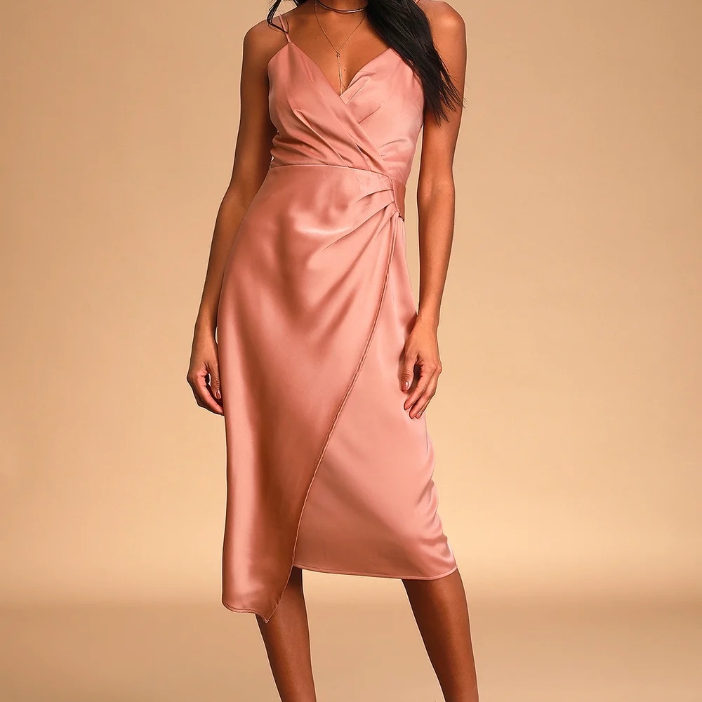 Rose Pink Satin Asymmetrical Midi Dress -Lulus